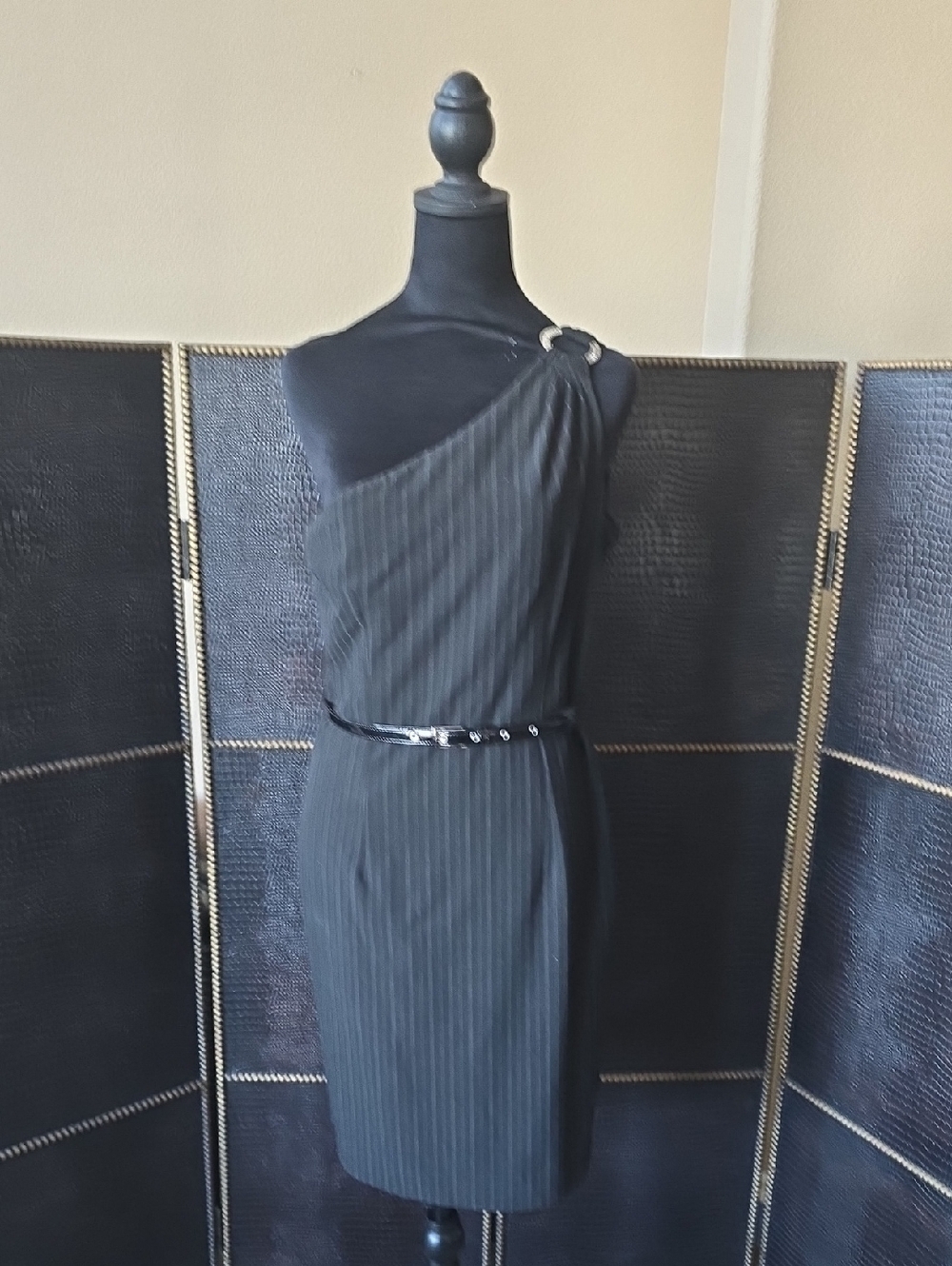 Marc Jacobs One-Shoulder Black Pinstripe Dress with Ring Detail